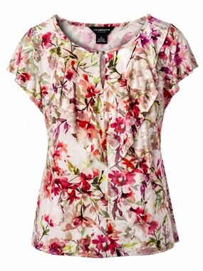 Liz Claiborne Floral Ruffle Front Short Sleeve Top - Pink & Green